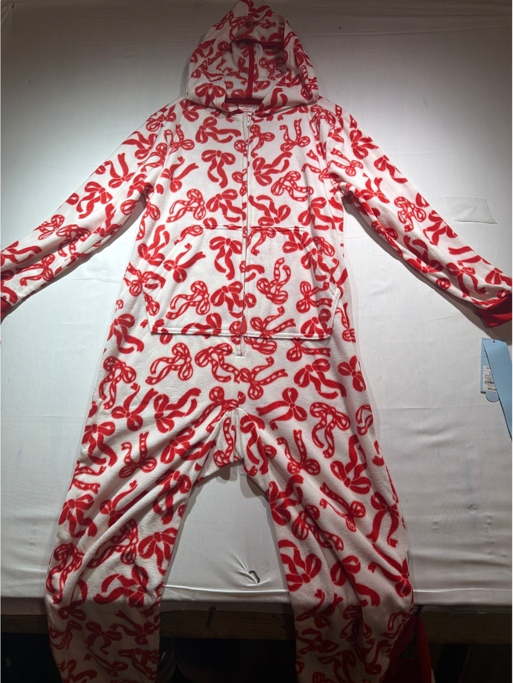 Cat & Jack Girls' Red and White Bow Print Hooded One-Piece Sleepwear Pajamas L (